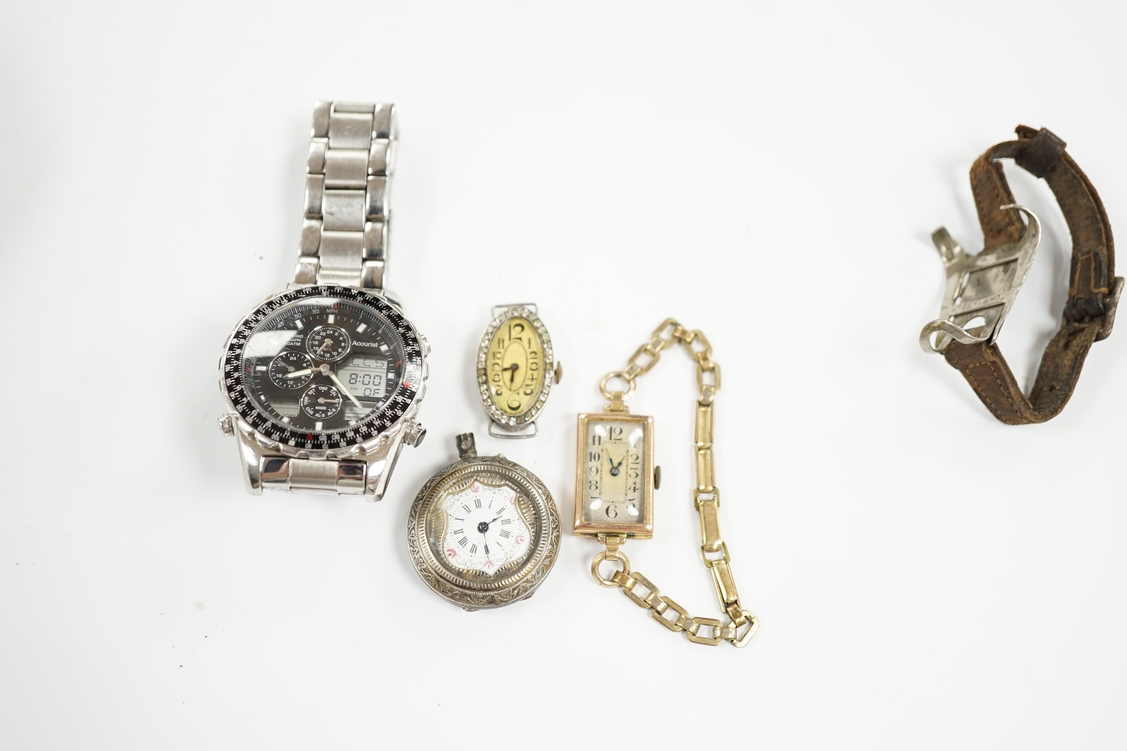 A lady's 1920's 9ct gold rectangular dial manual wind wrist watch, on a rolled gold bracelet, a similar silver and paste set wrist watch (no strap), an 800 standard white metal fob watch, a strap and a later Accurist ana